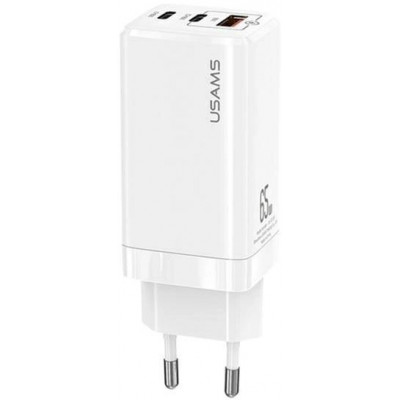 Мережевий зарядний пристрій Usams US-CC110 (1USB, 2USB Type-C) 65W PD + QC3.0 White (MTXLOGTL02) + кабель USB-C - Lightning