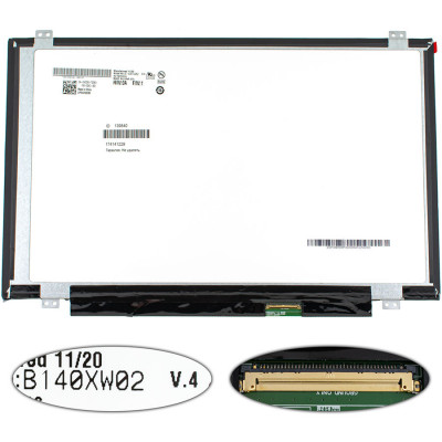 Матриця 14.0 B140XW02 V.4  (1366*768, 40pin, LED, SLIM (вертикальні вушки), глянцева, роз'єм праворуч знизу) для ноутбука