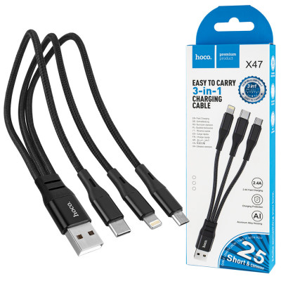 Кабель HOCO X47 USB для MicroUSB, Lightning, Type-C, 0.25м nylon, aluminum connectors, Black