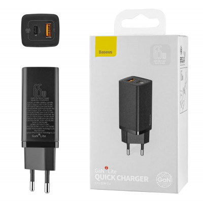 Baseus GaN2 Lite Quick Charger C+U 65W EU Black - быстрая зарядка для вашего устройства!