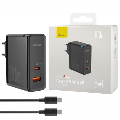 Зарядное устройство Baseus GaN5 Pro Fast Charger C+U 100W (Cable Type-C to Type-C 100W) 1m Black (CCGP090201) - быстрая зарядка для вашего устройства