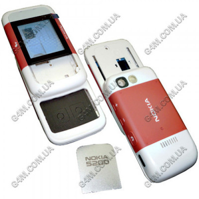 Корпус Nokia 5200 Xpress Music красный с белым, полный комплект, высокое качество