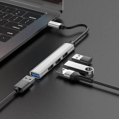 Кабель-перехiдник HOCO HB26 4 in 1 adapter(Type-C to USB3.0+USB2.0*3) Silver