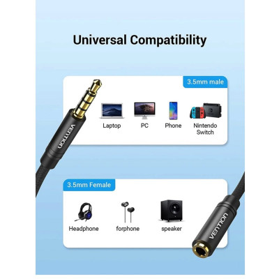 Кабель Подовжувач Vention Cotton Braided TRRS 3.5mm Male to 3.5mm Female Audio Extension Cable 10M Black Aluminum Alloy Type