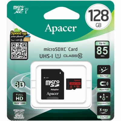 Купить 128Gb microSDXC (UHS-1) Apacer, class 10, R85MB/s - с адаптером SD на allbattery.ua