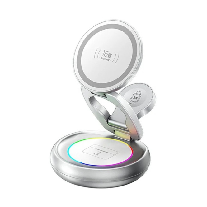 Бездротовий зарядний пристрій REMAX 20.5W Upgrade free metal foldable rotatable magnetic 3 in 1 wireless charger CW05 Sliver