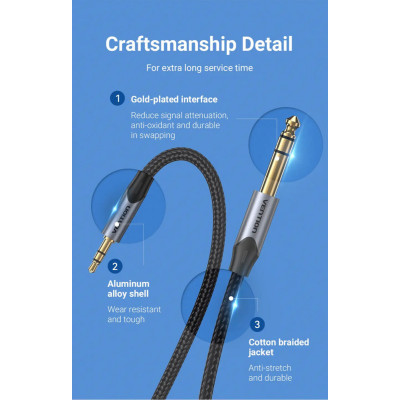 Кабель Vention Cotton Braided 3.5mm TRS Male to 6.35mm Male Audio Cable 1M Gray Aluminum Alloy Type (BAUHF)