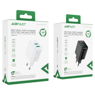 Мережевий зарядний пристрій ACEFAST A33 QC18W (USB-A+USB-A) dual port charger Black