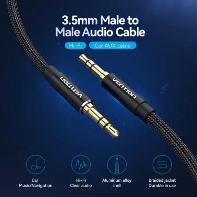 Кабель Vention Cotton Braided 3.5mm Male to Male Audio Cable 1.5M Black Aluminum Alloy Type (BAWBG)