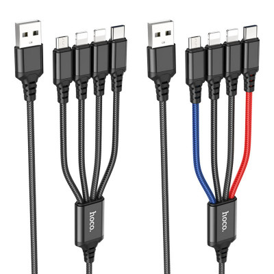 Кабель HOCO X76 USB to iP+iP+Type-C+Micro 2A, 1m, nylon, aluminum connectors Black+Red+Blue