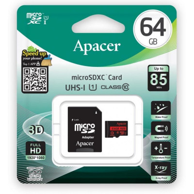 MicroSDXC Apacer 64Gb class 10 R85MB/s (адаптер SD) - лучший выбор на allbattery.ua!