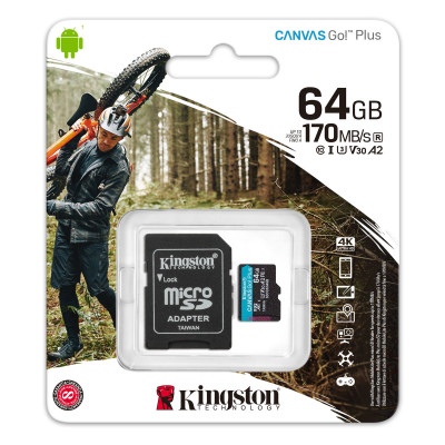 MicroSDXC Kingston Canvas Go Plus 64Gb Class 10 A2 V30 с адаптером SD – высокая скорость и надежность