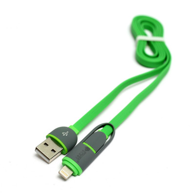 Кабель  Quick Charge 2A 2-в-1 flat USB 2.0 AM – Lightning/Micro 1м green