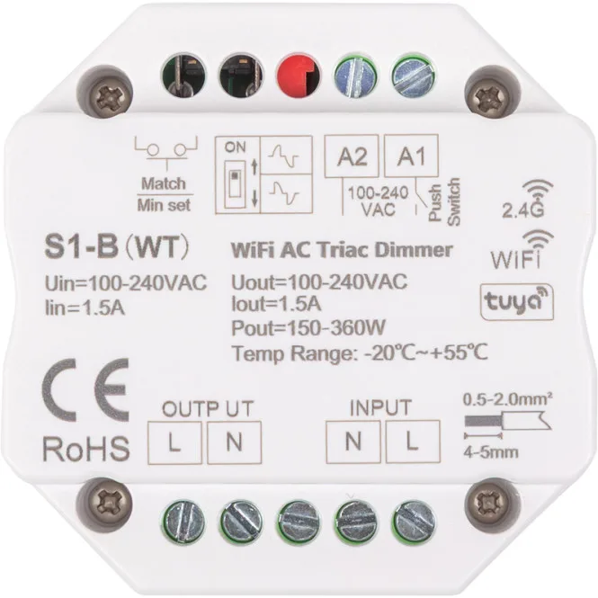 Димер змінного струму S1-B(WT), Push-Dimm, Tuya, Wi-Fi