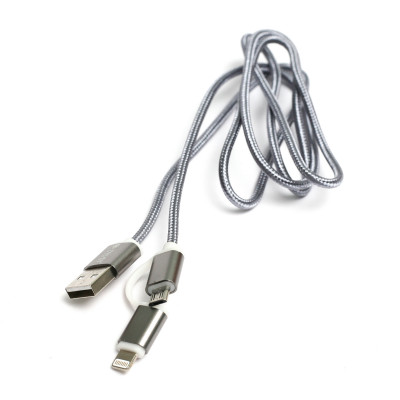 Кабель  Quick Charge 2A 2-в-1 cotton USB 2.0 AM – Lightning/Micro 1м grey