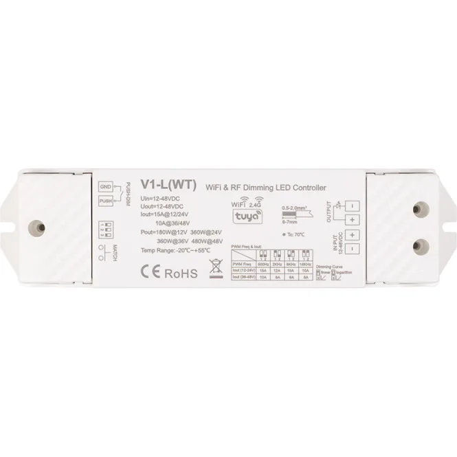 V1-L(WT) контролер для світлодіодних стрічок, 12-48V, 1x15A, Push-Dimm, Tuya, Wi-Fi