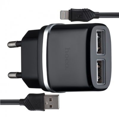 СЗУ блок Hoco C12 Smart (2USB/  2.4A) + кабель iPhone чорний