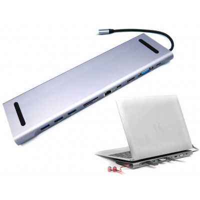 USB-C (Type-C) Док станция - подставка для расширения портов ноутбука. USB 3.0 -3шт, SD, MicroSD, LAN, MiniDP, HDMI, VGA, Audio 3.5mm
