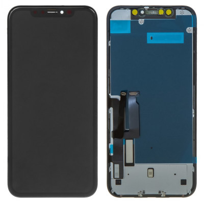 Дисплей для iPhone XR, чорний, з рамкою, ., Tianma, з пластиками камери та давача наближення, з захисним екраном дисплея
