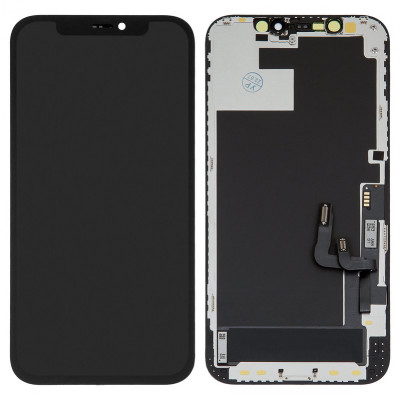 Дисплей для iPhone 12, iPhone 12 Pro, чорний, з рамкою, ., з пластиками камери та давача наближення, (OLED), GK OEM hard