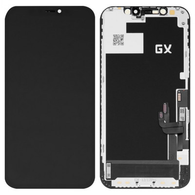 Дисплей для iPhone 12, iPhone 12 Pro, чорний, з рамкою, ., з пластиками камери та давача наближення, (OLED), GX OEM hard